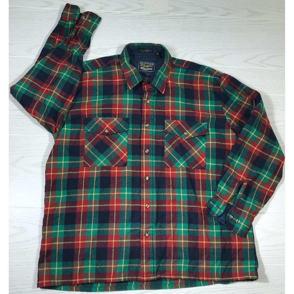 Vintage Tartan Plaid Flannel Shirt Men XL Backpacker Outdoors Acrylic Pockets